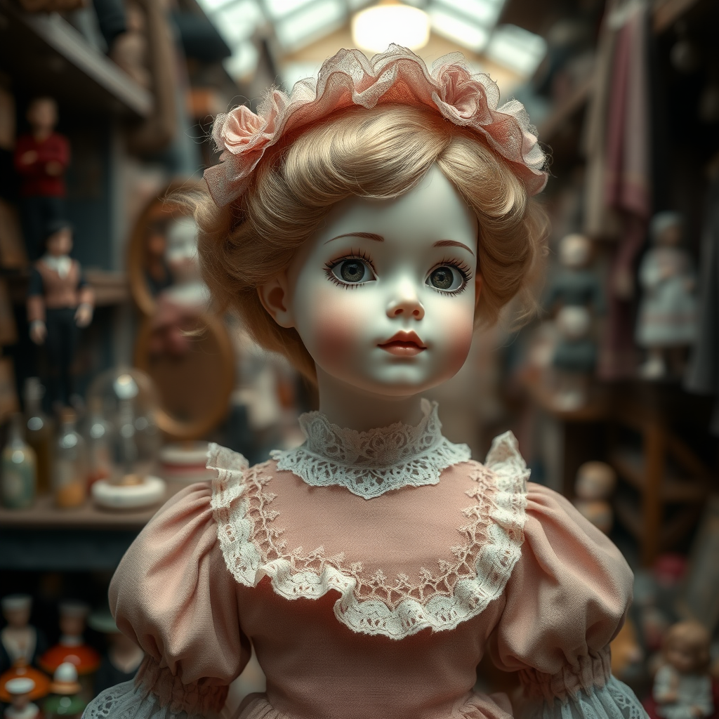 a young porcelain doll in flea market wearing a Victorian dress, artist doll, bjd, cinematic still, high quality photo, by victo ngai, by Masamune Shirow, by wadim kashin, by audery_kawasaki, by ismail inceoglu, by amy sol, outline, hyperrealism, by klimt, intricate environment, ultra-detailed cinematic shot, impressionistic, dynamic