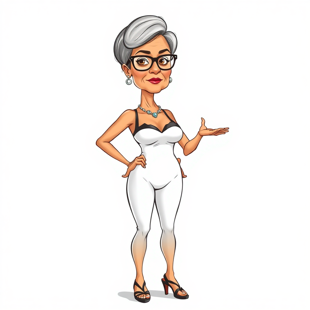 a towering 55 Years old, fit, slim, European, Latina, sharp aquiline nose, wrinkles, high cheekbones, Middle Eastern, Skinny, Tanned skin, Dark light skin, Rounded Medium breasts, Skinny thighs, full Makeup, jewelry, Serious face, Sharp nose, Ash hair, short bowl haircut, Brown eye color, Glasses, with detailed features. Hands on hips, she is wearing black balconette bras and a white open bust leotard, detailed fabric. full body, high heels sandals, she is gesturing at the viewer, 
long establishing shot, 2D, caricature, cartoon, Sketch lines, coloring book, nlack and white, coloring book style on white background, well composed, clean coloring book page, No dither, no gradient, strong outline, No fill, No solids, vector illustration, realistic proportions