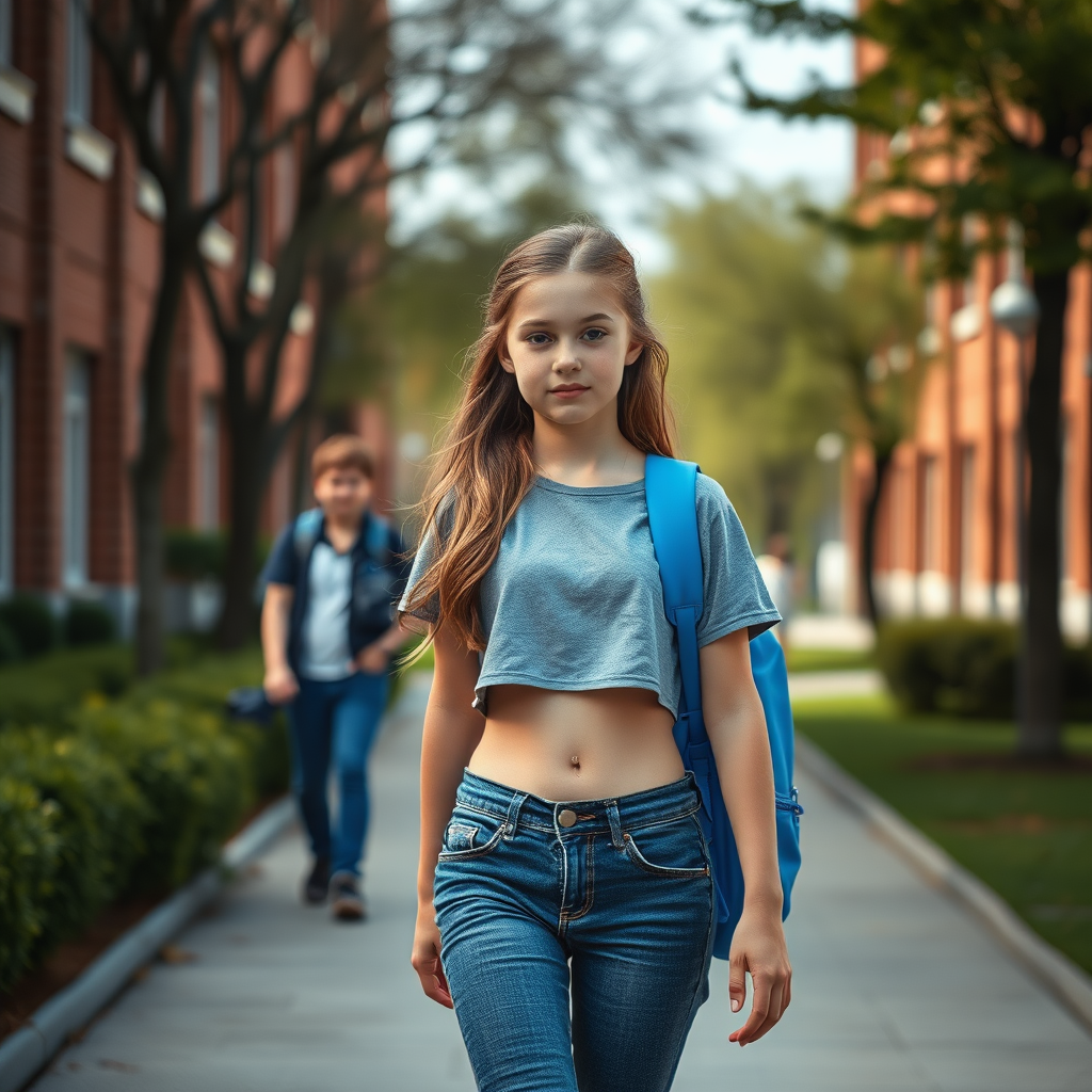 Ultra Realistic taken photo style image, Extremely good quality 4k image of a Russian 12 year old middle school petite girl with a crop top, image of her and her body from head at least to her waist if not lower walking on a middle school campus