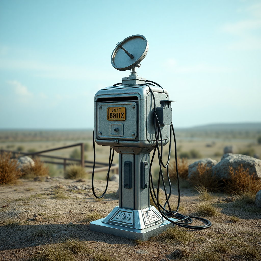 A full shot image of a stand, 3D model in Unreal Engine of a sci-fi interdimensional mailbox, vintage futuristic, small satellite dish on top, lots of cables