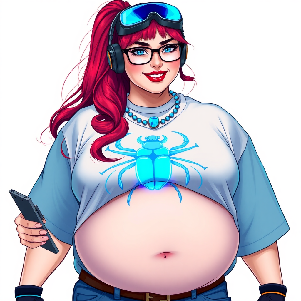 A cyberpunk vigilante’s full-figured intelligent and tech-savvy 29-year-old girlfriend, who is a computer hacker and tech genius. She has a long ruby red ponytail and bright blue eyes. She wears a sapphire beetle gemstone necklace, and an oversized Maximum Blue (RGB 71, 171, 204) t-shirt featuring a giant neon blue glowing icon of a beetle on its chest. She has a full-figured physique with a prominent, gargantuan, round midsection, reflecting her well-cared-for lifestyle. The midsection is heavily emphasized. She sports a sapphire headset with hi-tech Maximum Blue (RGB 71, 171, 204) lensed HUD visor, Maximum Blue (RGB 71, 171, 204) lipstick, black eyeglasses, and a beaming smile with a passionate bright red blush. Despite her figure and a lack of self-esteem, she radiates an air of beauty. She has an angular face which contributes to her radiant beauty. She serves as his tech expert from his hideout, holding a holographic tablet and a hi-tech tool wrench. The background is solid white. She is drawn as if she was in a retro 2D cyberpunk fighting game. Make sure her shirt covers her round midsection.