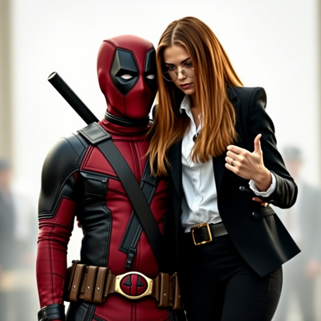 Deadpool wearing classic red and black Deadpool suit and a beautiful straight long haired female burglar in a black blazer over white shirt with black pants hugging each other as a loving couple in the action movie.