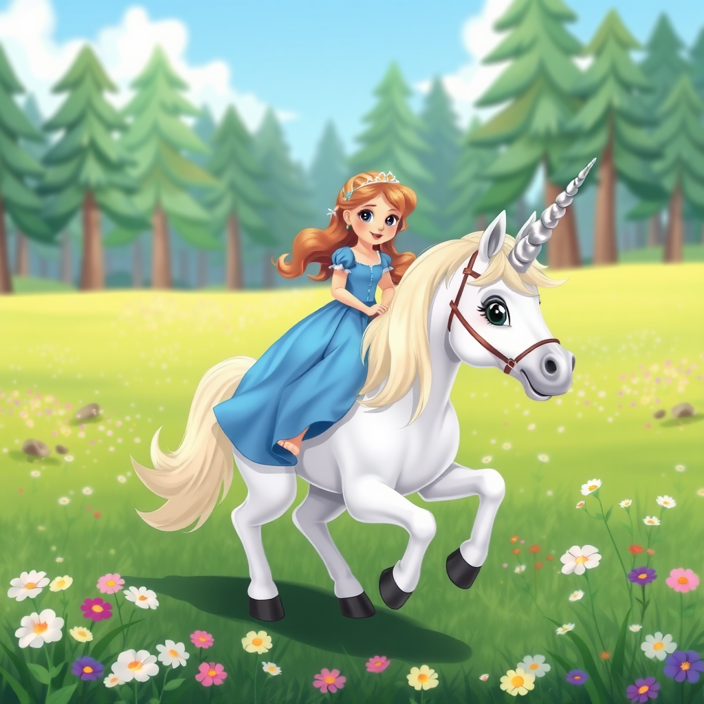 A cartoon princess in a blue dress riding a unicorn with a silver horn without tack through a field of flowers in a forest clearing