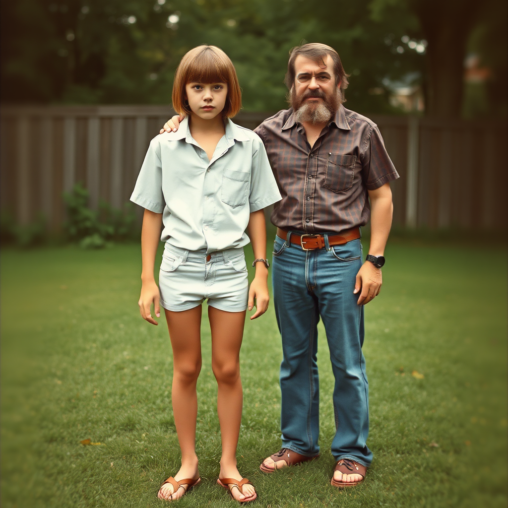 tall 14yo teen boy, long hair bob cut, wearing shirt and very tight booty shorts, long legs, narrow thighs, full-length front view. with bearded father wearing shirt, long jeans, shoes. 1970s. At backyard. photorealistic, ultra high resolution, 16K, Negative: grainy, blurry, bad anatomy, extra limbs, watermark.