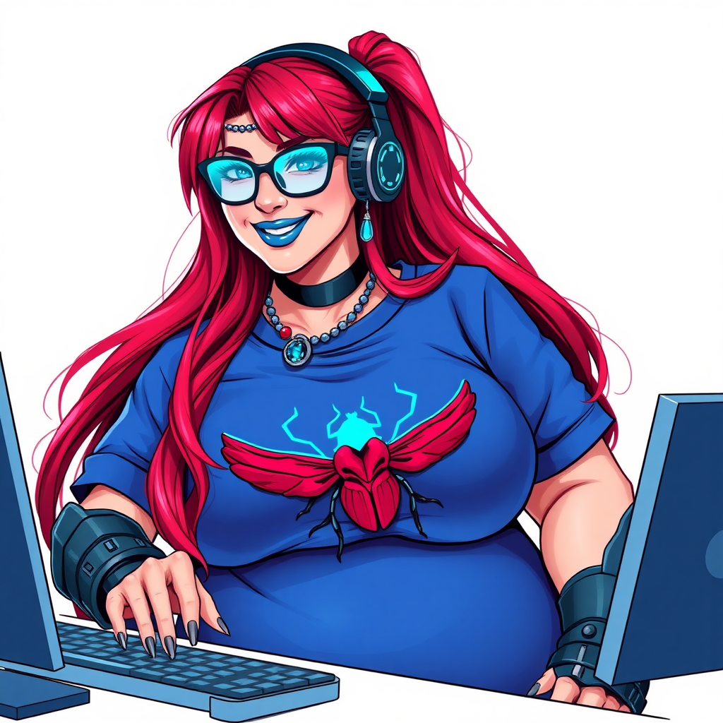 A cyberpunk vigilante’s full-figured intelligent and tech-savvy 29-year-old girlfriend, who is a computer hacker and tech genius. She has a long ruby red ponytail and bright blue eyes. She wears maximum blue lipstick, a sapphire beetle gemstone necklace, sapphire earrings, black eyeglasses, hi-tech metal arm armor, and an oversized maximum blue t-shirt featuring a neon blue glowing emblem of a winged beetle on its chest. She has a full-figured physique with a giant, round midsection, reflecting her well-cared-for lifestyle. She sports a sapphire headset with a hi-tech maximum turquoise lensed HUD, and a beaming smile with a passionate bright red blush. Despite her figure and a lack of self-esteem, she radiates beauty. She has a slim face which contributes to her radiant beauty. She serves as his tech expert from his hideout, diligently working at her lab table and computer desk. The background is solid white. She is drawn as if she was in a retro 2D cyberpunk fighting game.