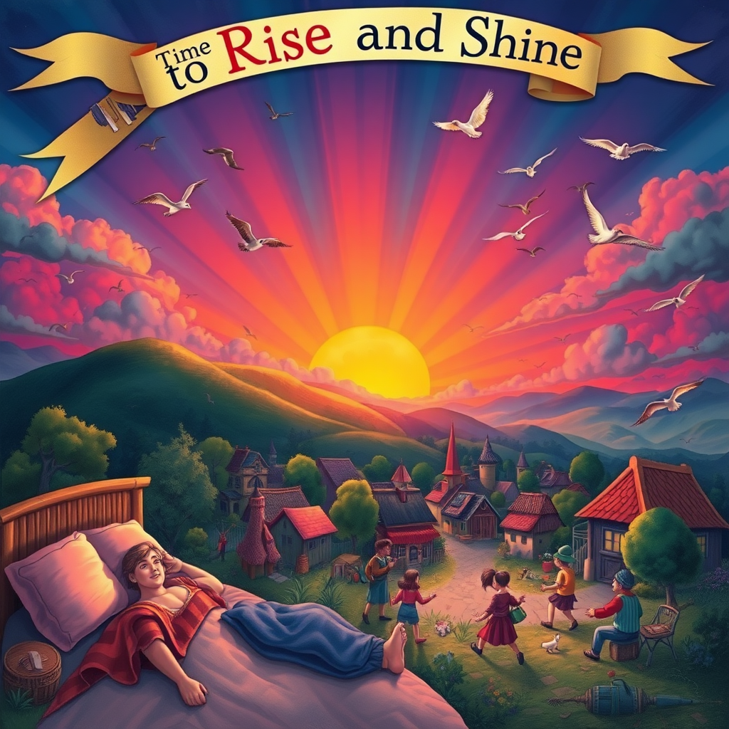 An imaginative scene depicting a vibrant sunrise that awakens a sleeping village, with birds taking flight and people stretching, under a whimsical banner reading, "Time to Rise and Shine!"