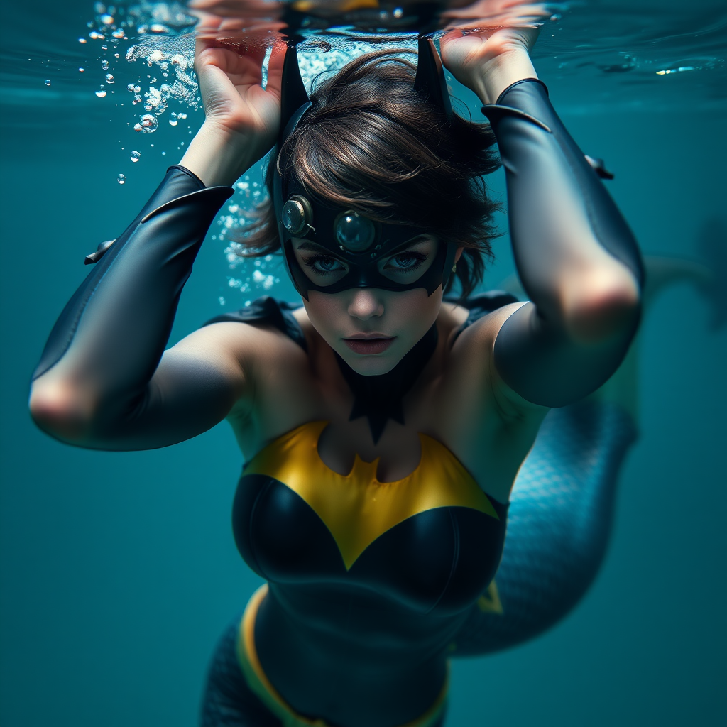 Batgirl as a mermaid. She's floating underwater with arms up. She's looking intensely at the viewer of the photo. The eye contact is palpable and mystical. Her short hair floats like a beautiful nimbus around her head and her shiny scaled tail is curled beside her. Gossamer Diaphanous. HD DSLR Photo