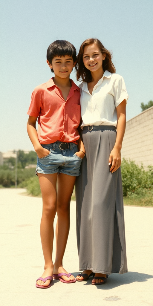 Vintage photo, 1980s. Hot summer. Israel. A tall skinny 13yo teen boy wearing short shirt, tight booty shorts, long legs, bare thighs. With a girl wearing shirt, long skirt. Full length view.