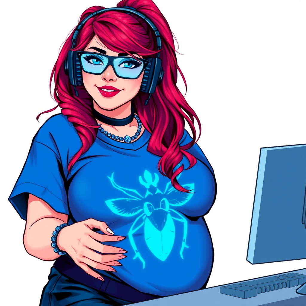 A cyberpunk vigilante’s full-figured intelligent and tech-savvy 29-year-old girlfriend, who is a computer hacker and tech genius. She has a long ruby red ponytail and bright blue eyes. She wears maximum blue lipstick, a sapphire beetle gemstone necklace, sapphire earrings, and an oversized maximum blue t-shirt featuring a neon blue glowing icon of a beetle on its chest. She has a full-figured physique with a prominent, gargantuan, round midsection, reflecting her well-cared-for lifestyle. She sports a sapphire headset with hi-tech maximum turquoise lensed HUD eyeglasses, and a beaming smile with a passionate bright red blush. Despite her figure and a lack of self-esteem, she radiates beauty. She has a slim face which contributes to her radiant beauty. She serves as his tech expert from his hideout, diligently working at her lab table and computer desk. The background is solid white. She is drawn as if she was in a retro 2D cyberpunk fighting game.