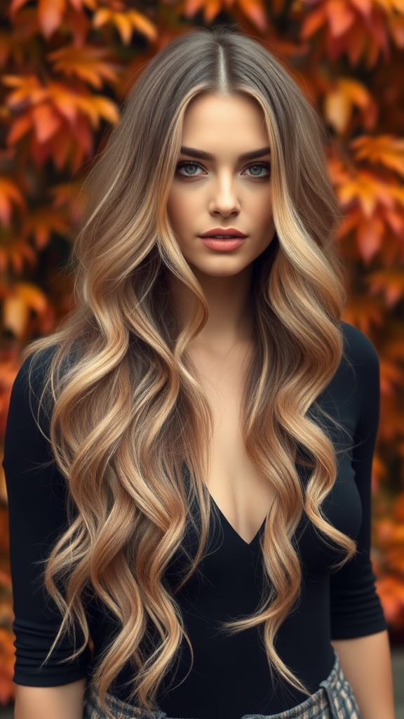 Miranda Kerr with long wavy hair, ash blonde color with highlights, against the backdrop of autumn chestnut foliage, in high definition.