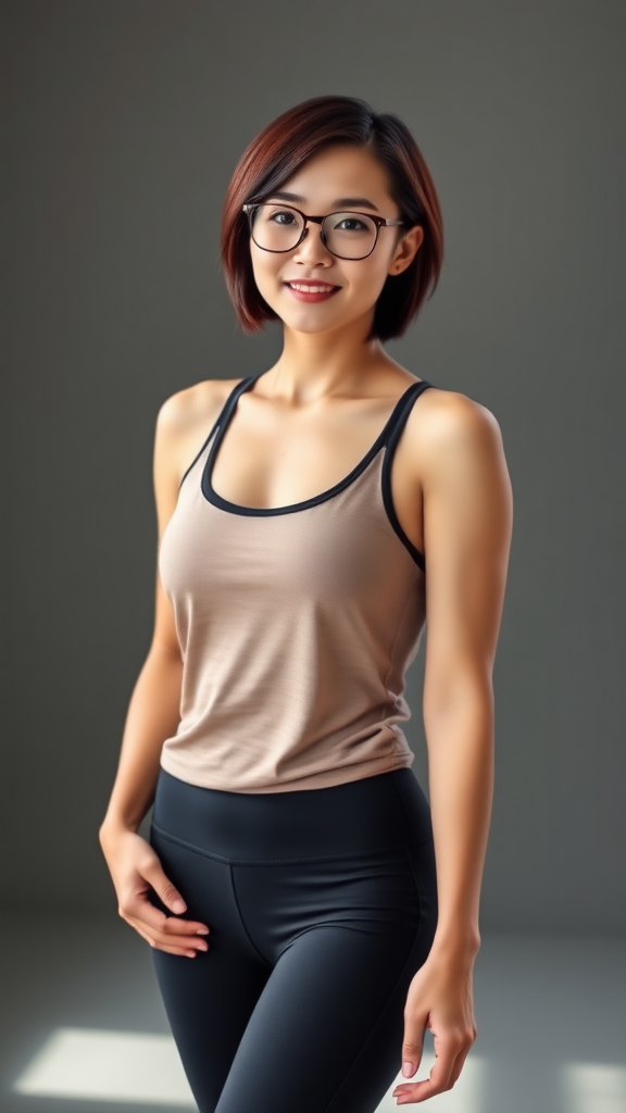 A beautiful Chinese woman, short hair, wearing glasses, full figure, small chest, yoga pants, tank top.