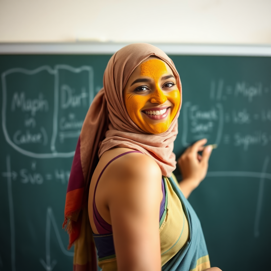 slim, 30 year old, sexy, french female school teacher, saree, scarf head, turmeric face mask. She is smiling and teaching on a blackboard