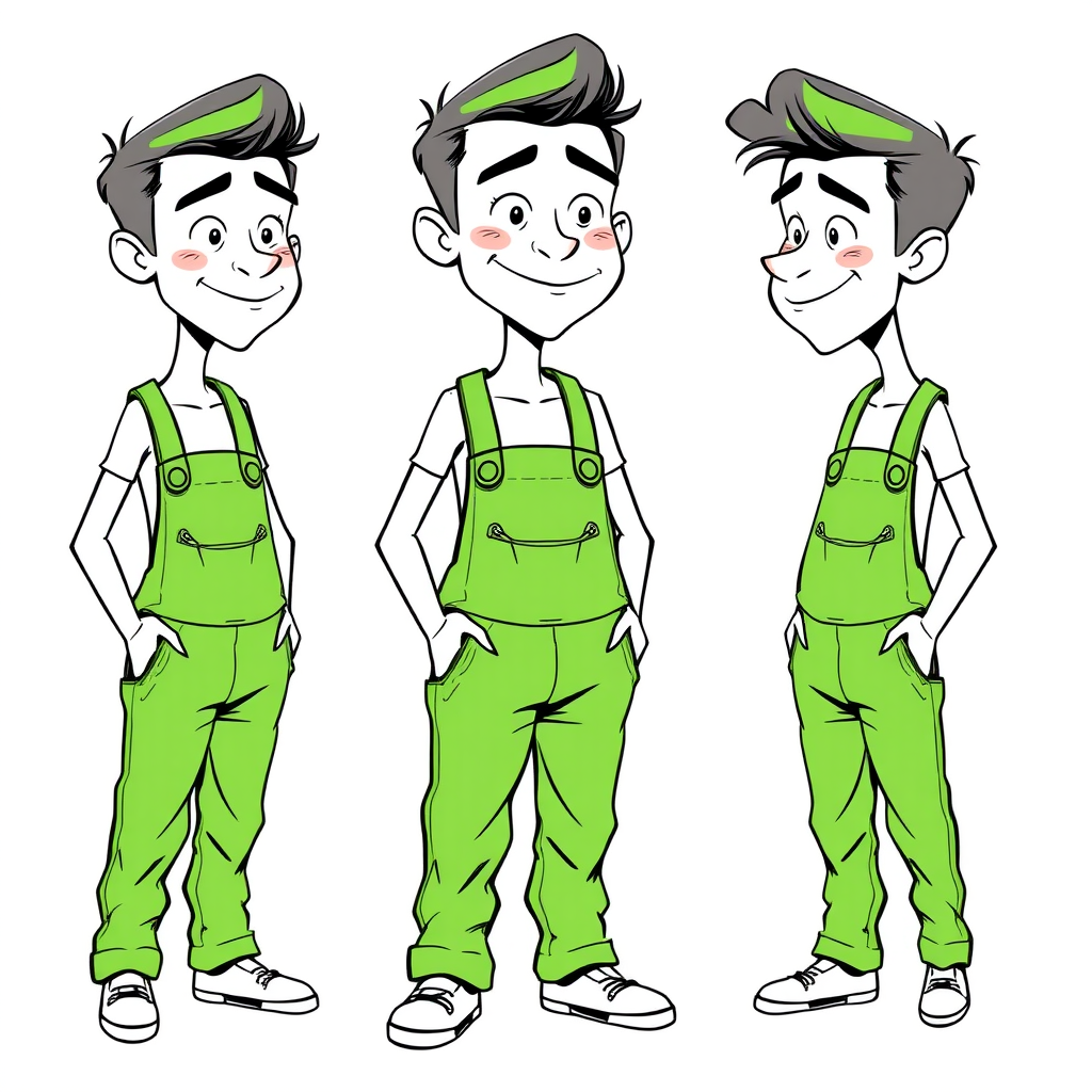 multiple views with progression, character design sheet, blushing shy nervous small 20 year old european skinny man wearing green work coveralls is trying to hide his excitement, bulge, long establishing shot, 2D, caricature, cartoon, Sketch lines, coloring book, black and white, coloring book style on white background, well composed, clean coloring book page, No dither, no gradient, strong outline, No fill, No solids, vector illustration, side view, vector illustration, empty space around each view