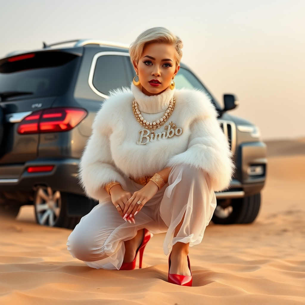 Kuwait desert dunes misty dawn, full size luxury SUV: Melissa, European 17 years old very convincing femboy “trophy-bimbo”, tamed servile docile, very beautiful feminine flawless face, rather short, by hormones very curvaceous womanly figured, platinum blond short tight curls, bold red lips, long white French nails, heavily made-up face, wearing Supertanya-style fluffy very fuzzy bright white angora turtleneck-poncho cropped ending under bust decorated with pearls and glass stones, striking oriental wide gold bridal protection belt, white fully transparent harem pants, bright red pumps with golden very high heels, full Oriental bridal jewelry including headpiece, nose-ring, coin wristlets, coin anklets, striking diamond “Bimbo” letter brooch on left chest, thick heavy pearl wristlets, pearl anklets, pout frustrated, kneeling in sand in front of SUV, looking at camera. Focus on face and turtleneck-poncho.