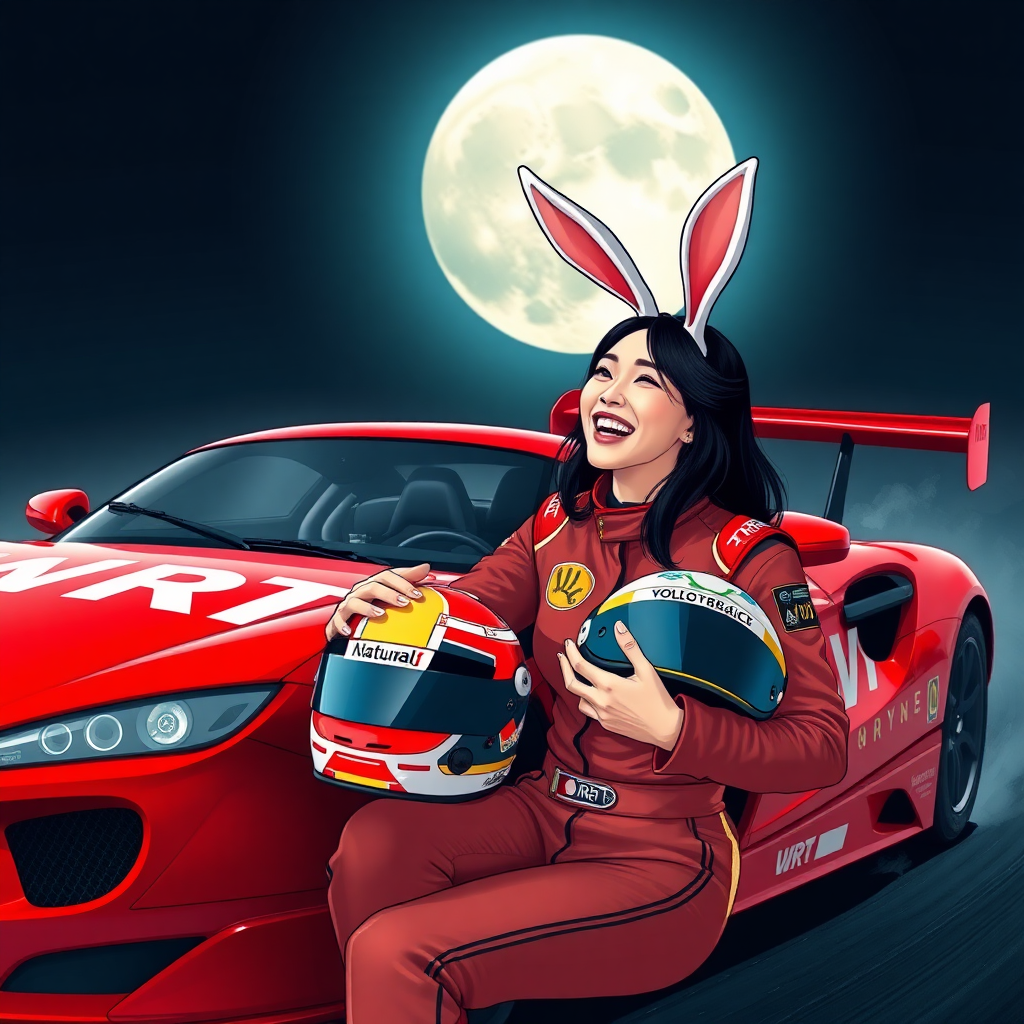 A red race car with "WRT" written on it, a beautiful Chinese female racer holding a racing helmet, laughing with rabbit ears on her head, and the background features a giant moon.