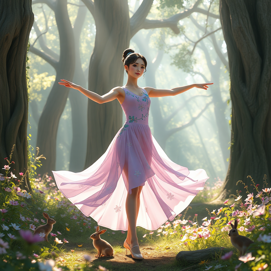 In a spellbinding forest bathed in soft, dappled sunlight, Alice Liddell emerges as a graceful young woman in her 20s, radiating confidence and poise. Her flowing gymnast leotard, adorned with delicate floral embellishments in vibrant hues of lavender, emerald, and blush, beautifully mirrors the surrounding flora, where wildflowers bloom in a riot of colors. The harmonious blend of her attire and the nature around her creates a captivating visual symphony that enchants the viewer.

Tall, ancient trees, their gnarled trunks draped in emerald-green vines, stand sentinel around her, their leaves whispering like a gentle breeze as sunlight filters through the branches, casting playful shadows on the forest floor. The air is filled with the sweet perfume of blooming jasmine and the earthy aroma of damp soil, creating an intoxicating atmosphere.

As Alice prepares to perform, her movements are fluid and graceful, almost like a dance with the very essence of nature herself. The surrounding fauna, curious woodland creatures such as rabbits and birds, pause in their activities, captivated by her presence, as if recognizing the magic she brings to their world.

The Artstation community will undoubtedly be mesmerized by the ethereal beauty of this 3D anime masterpiece, which captures not just Alice's elegance but also the enchanting spirit of the forest. Every intricate detail, from the shimmering leaves to the delicate patterns on her leotard, beckons the viewer closer, inviting them to delve into this breathtaking scene and experience a mesmerizing world infused with wonder and imagination.