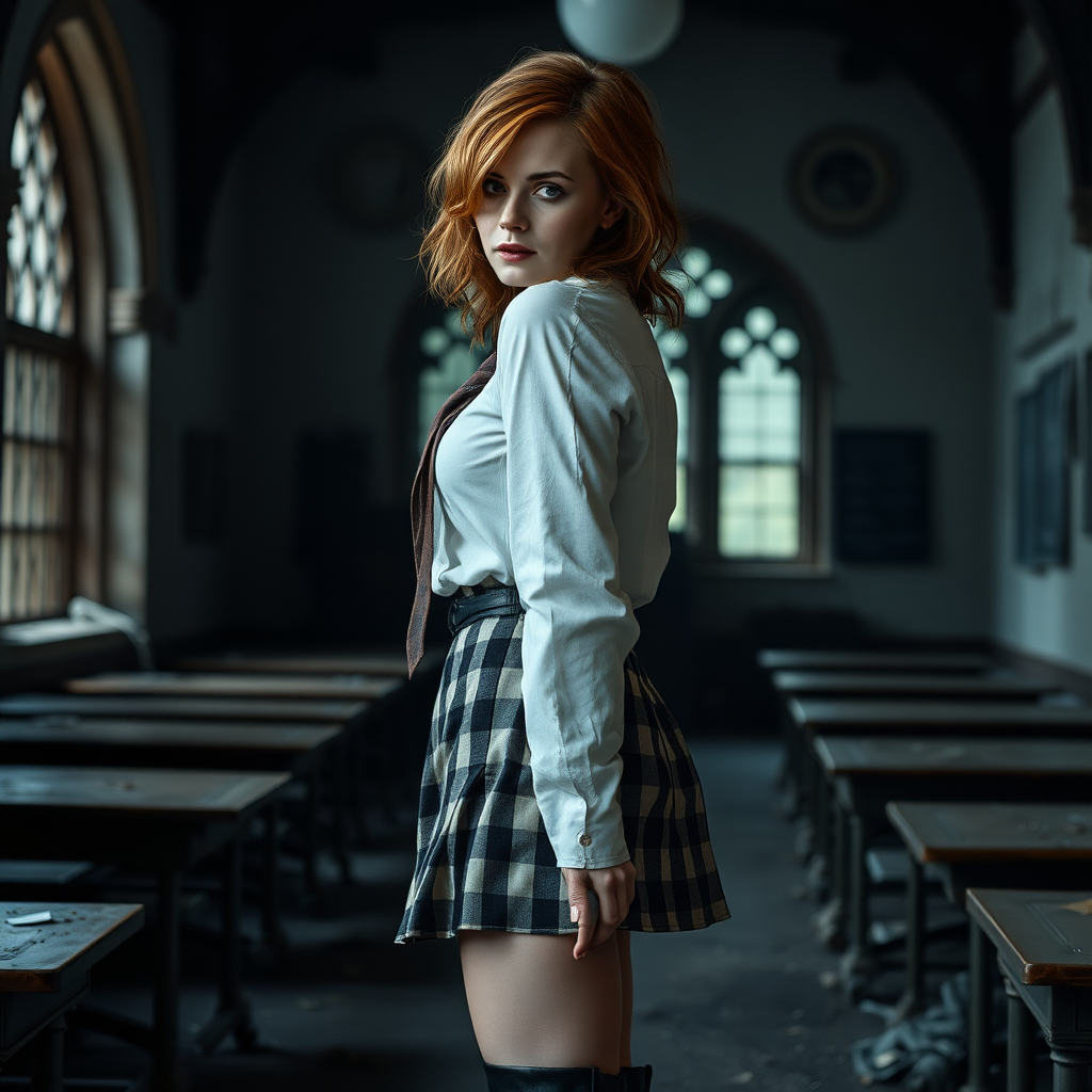 Emma Watson as Hermione Granger, midnight, 18 year old, tousled hair, seductive, very pale skin, natural makeup, sideboob, overknee boots made from leather, short checkered miniskirt, voluptuous butt, stained white linen shirt, necktie, flat chest, looking cravingly at viewer over shoulder, full body shot, seductive, teasing, dark and moody, skin details, skin imperfections, dirty and abandoned Hogwarts classroom in background, pale moonlight, photorealistic, ultra high resolution, 16K, viewed from side, upper hamstrings.