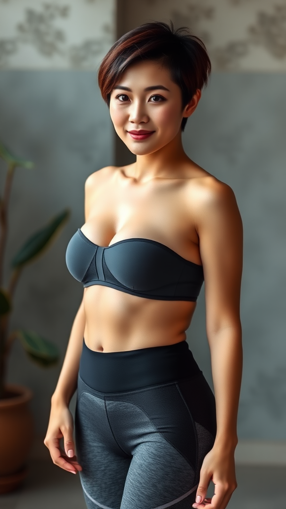 A beautiful Chinese woman, short hair, curvy figure, small chest, wearing yoga pants.