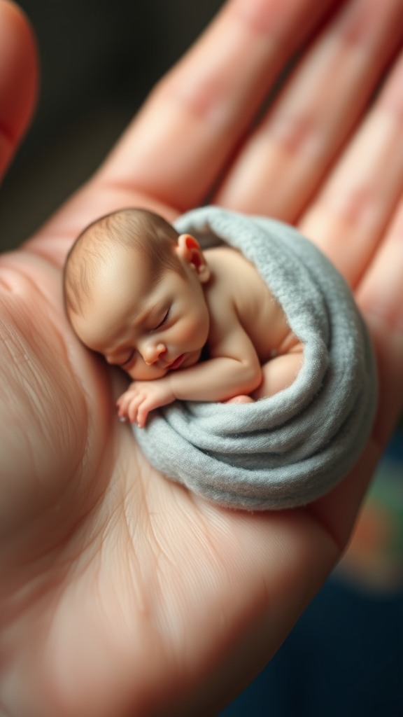 A cute mini little tiny miniature baby sleeping on hand