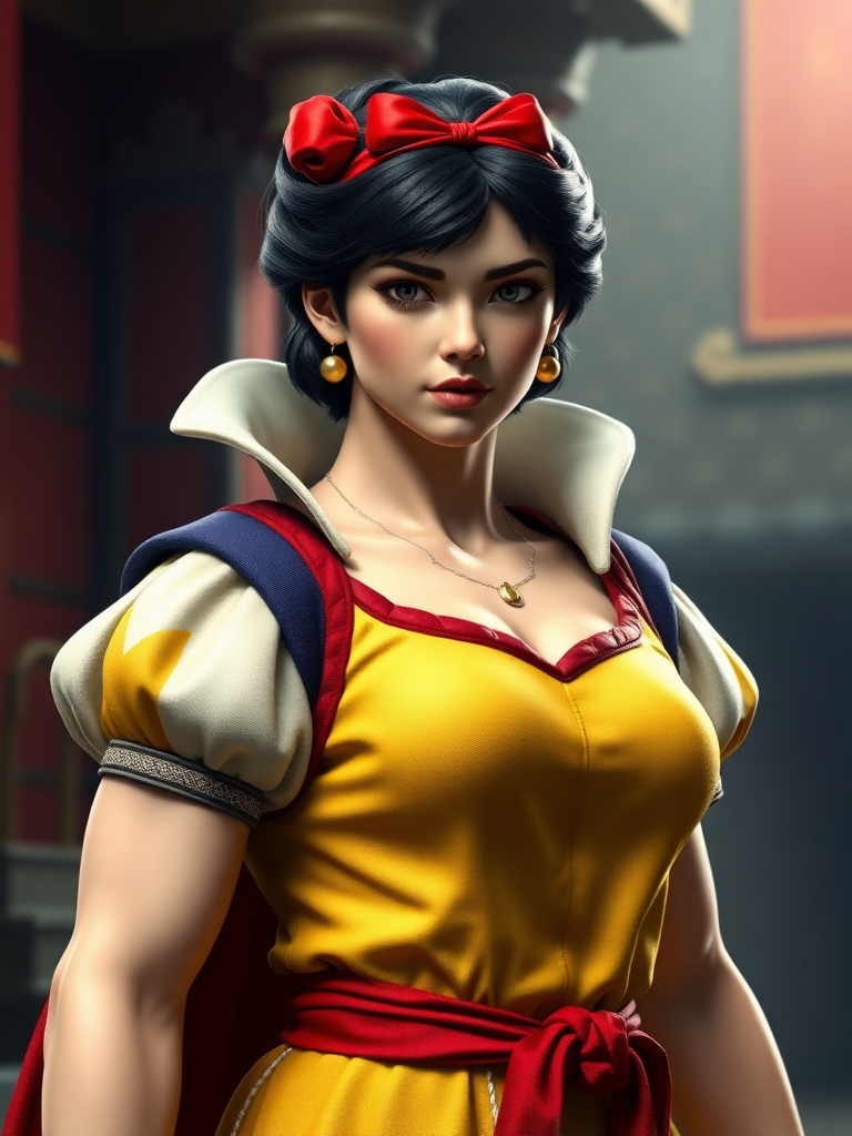 Create a hyper-realistic full-length render of Snow White, featuring the head intact but with the body type of Ryu from Street Fighter. Modify the body structure and silhouette to reflect Ryu's muscular physique and gender. Alter Snow White's iconic costume to fit this new body type while maintaining recognizable elements. The background should be a suitable setting that complements both characters, blending fairy-tale elements with a slightly more dynamic, action-oriented environment. Focus on realism in textures, proportions, and lighting for a striking visual presentation.