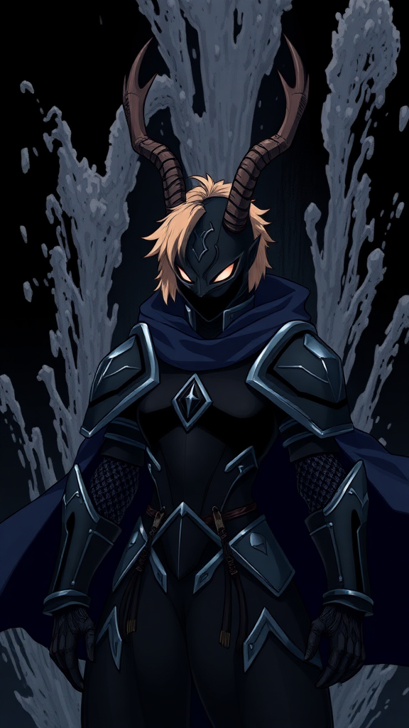 (Anime-pixel art) Black background of a black-dark fountain erupting into the air, a fierce and violent knight stands poised for battle. She wears sleek, black knight armor, marked by a small white eye symbol at its center, exuding an air of intimidation. Her face is obscured by a terrifying goat-like mask, with a single glowing white eye on the right, and another white eye symbol perched at the top of the mask, adding to her menacing presence.

The knight's imposing silhouette is accentuated by two large, dark-silver shoulder guards that gleam ominously in the darkness. Draped behind her is a flowing dark-blue cape that billows dramatically, hinting at her formidable power. Atop her head, two impressive deer antlers rise, further enhancing her fearsome appearance, while her short, tousled blonde hair peeks out from beneath the mask.

This is the Roaring Knight, known as Mayor Holiday from Deltarune, captured in a striking full-body view that highlights both her ferocity and enigmatic allure.