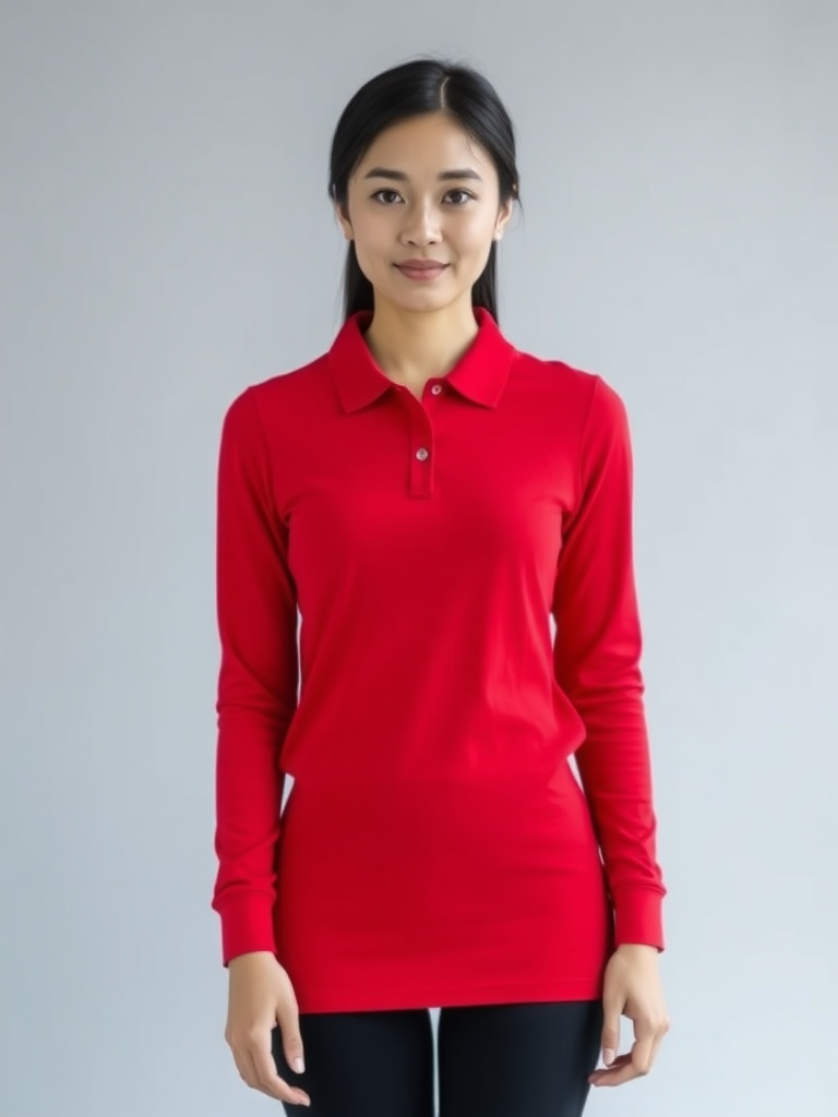 A Asian woman wearing a red long-sleeved polo shirt. full body, front view, looking at viewer.