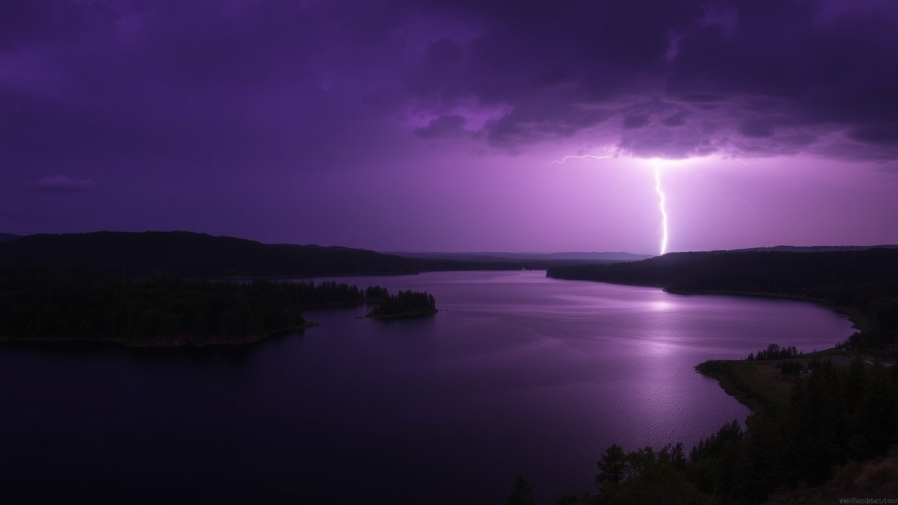 photo, lakes, nature, purple sky, lightning