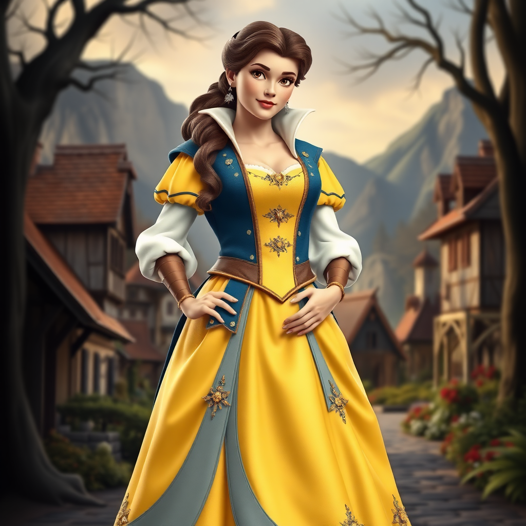 Generate a full-length rendered image featuring Belle using Gaston’s male body. Retain Belle’s head, hairstyle, and facial features. Adapt her costume by incorporating embellishments from Gaston’s attire, adjusting it to fit the new proportions. Design a background inspired by both characters, merging elements from the charming village and the rugged wilderness. Ensure the overall composition showcases a seamless blend of femininity and masculinity, while reflecting the essence of the original characters.