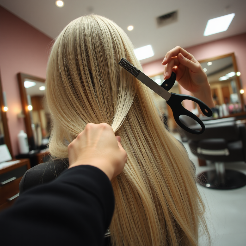 POV, beautiful very long haired blonde woman sitting in a hair salon while I reach out from behind the camera to trim her very long hair.