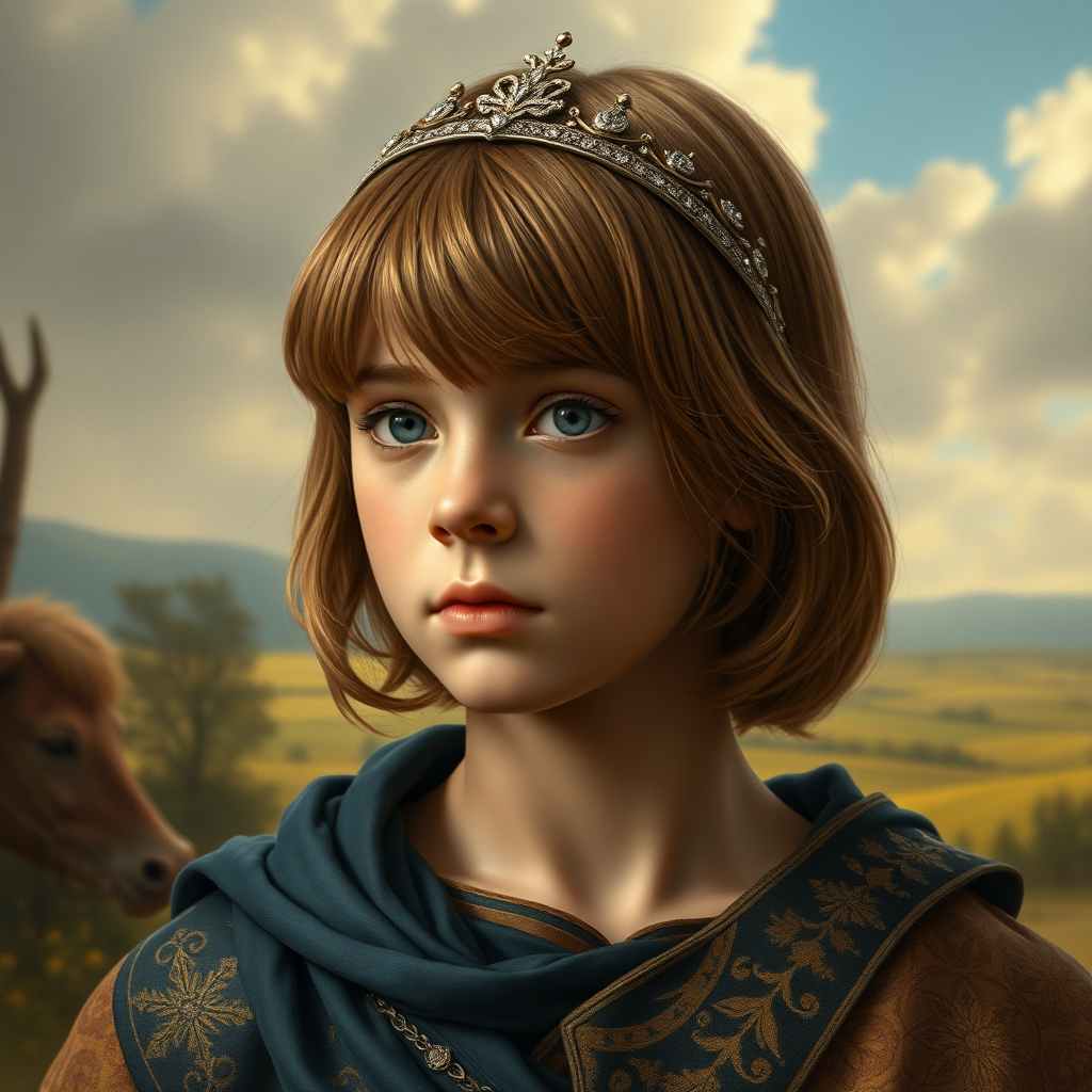 16yo teen boy prince, long bob cut, embroidered with gold and diamonds medieval cloths, diamond diadem, and Beautiful War. Free style by FLUX photorealistic. The background is in the style of landscape style by Antonio del Polaiolo, ultra high resolution, 16K.