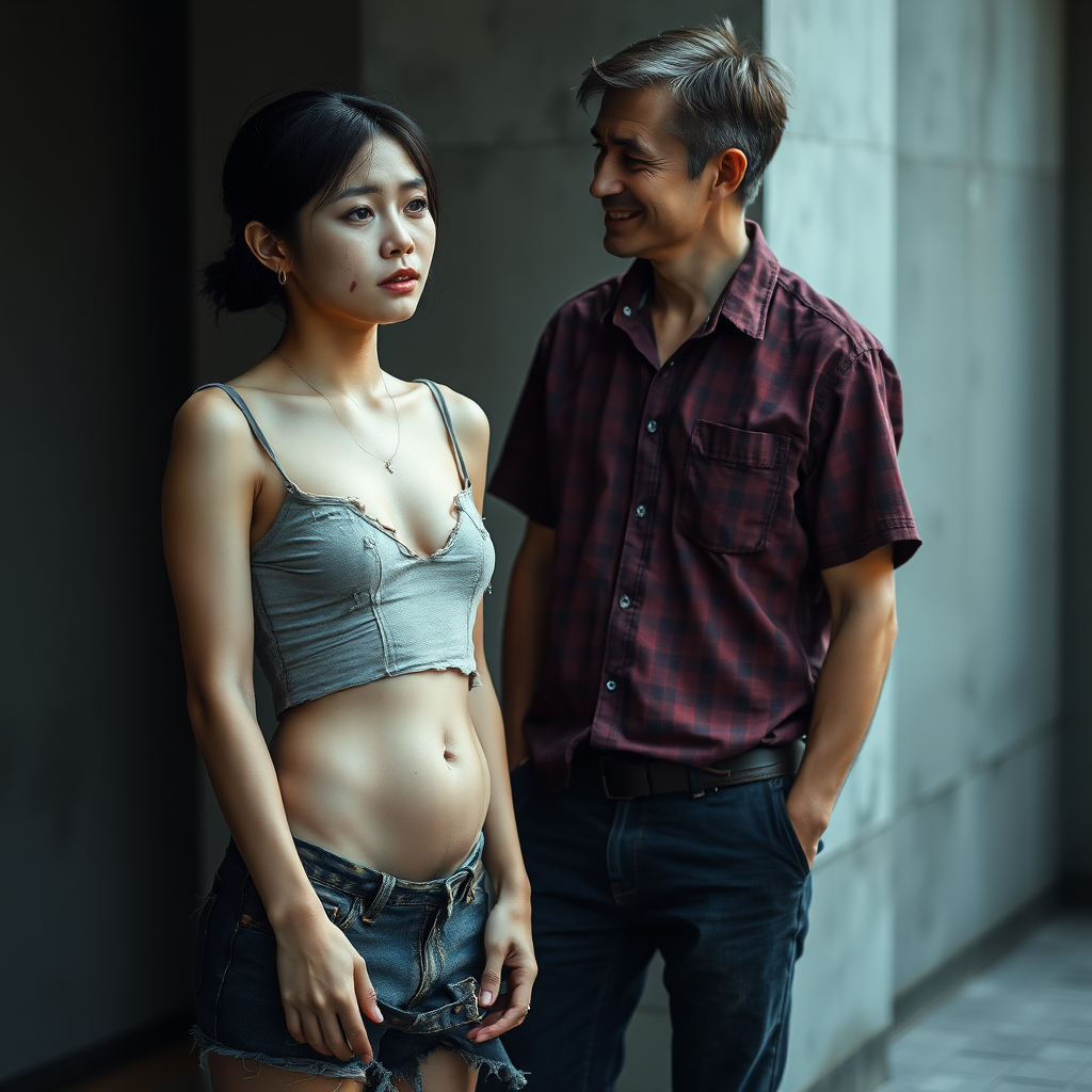 A young, unkempt, neglected, homeless, unhygienic Asian woman, who seems not of this world, is depicted as a complete person. She is predominantly erotic but has an indescribably sad and extremely mystical expression on her face. The Asian woman is wearing a torn, old, completely transparent, extremely short, and belly-baring top and a completely torn, ragged, old pair of shorts. There is an extremely pronounced sense of shame evident on her face. She is ashamed beyond measure. Her small and unremarkable belly button is always visible. The Asian woman has a very beautiful, normal, youthful, yet feminine physique. Her slim figure is enviable! She has a distinct wound on her face and appears as if she is about to cry. She looks miserable, sad, and utterly hopeless! It seems as if she is afraid of something! Facing her is a 60-year-old German man. The German man, still youthful-looking and well-groomed, gazes at the Asian woman as if he is offering her his help. The German man is clean-shaven and slim, has a normal fashionable haircut, and his hair is dark brown. He is wearing a new, beautiful, but simple burgundy shirt with a subtle pattern and new dark blue jeans. The German man looks sympathetic, smiles slightly, and looks kindly at the Asian woman, as if he feels great pity for her. The Asian woman cannot meet the German man's eyes out of shame, but one can tell that she likes him.