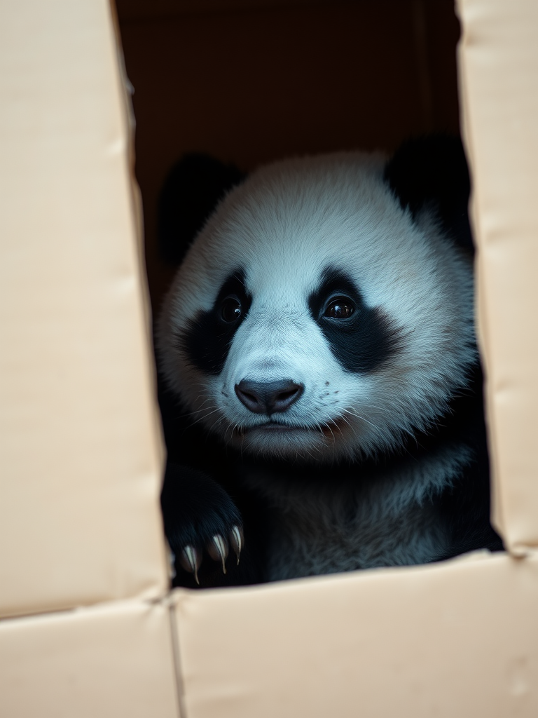 A photo realistic picture of a panda bear with a sad look on his face, peering into an empty cardboard box.