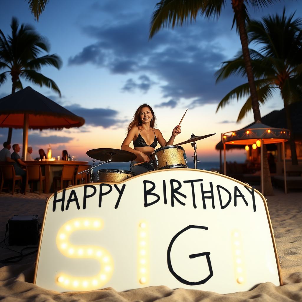 Lady sitting on drumset on beach with palms and bar, big white bass drum spelling the words "Happy Birthday Sigi"