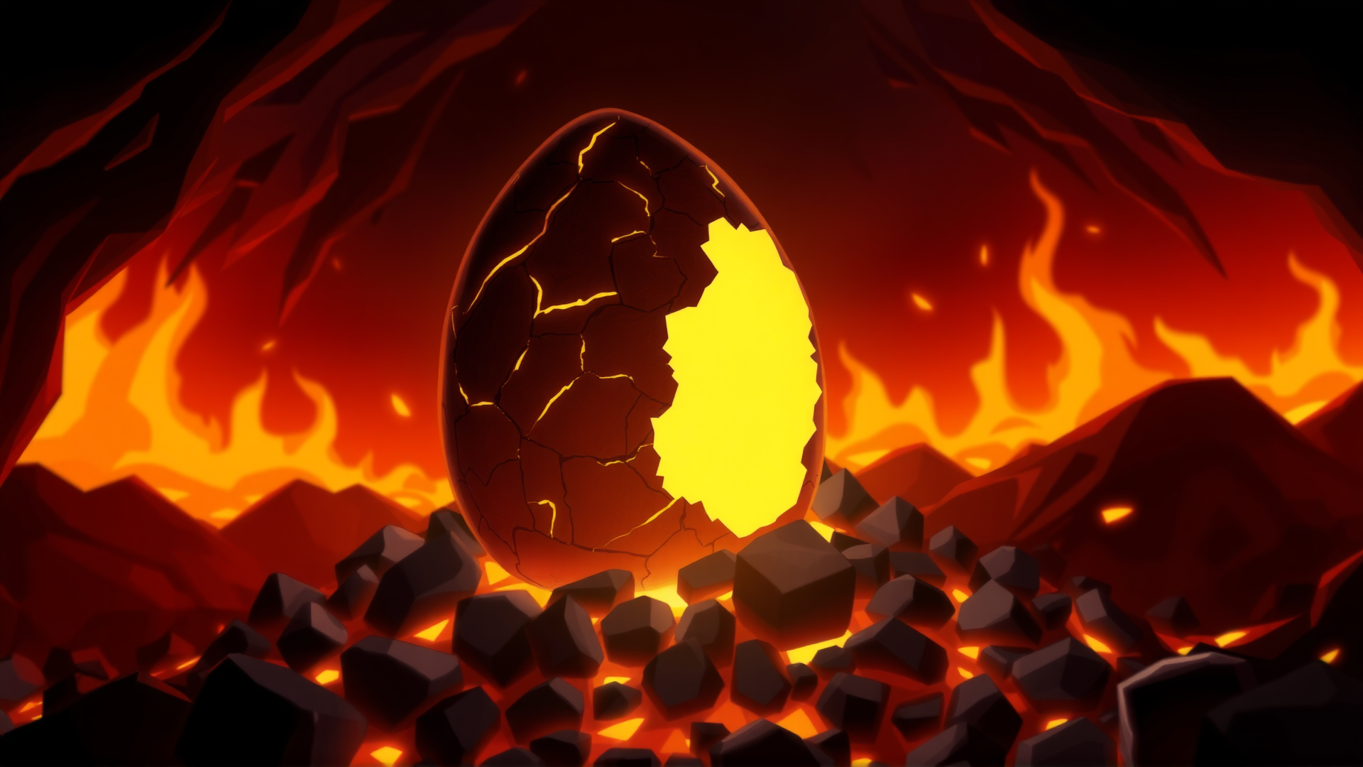 perfection style, a digital art illustration depicting a charred egg sitting on a pile of cinders in a cave full of lava and lit by the fires. The egg is covered with cracks glowing from the inside.