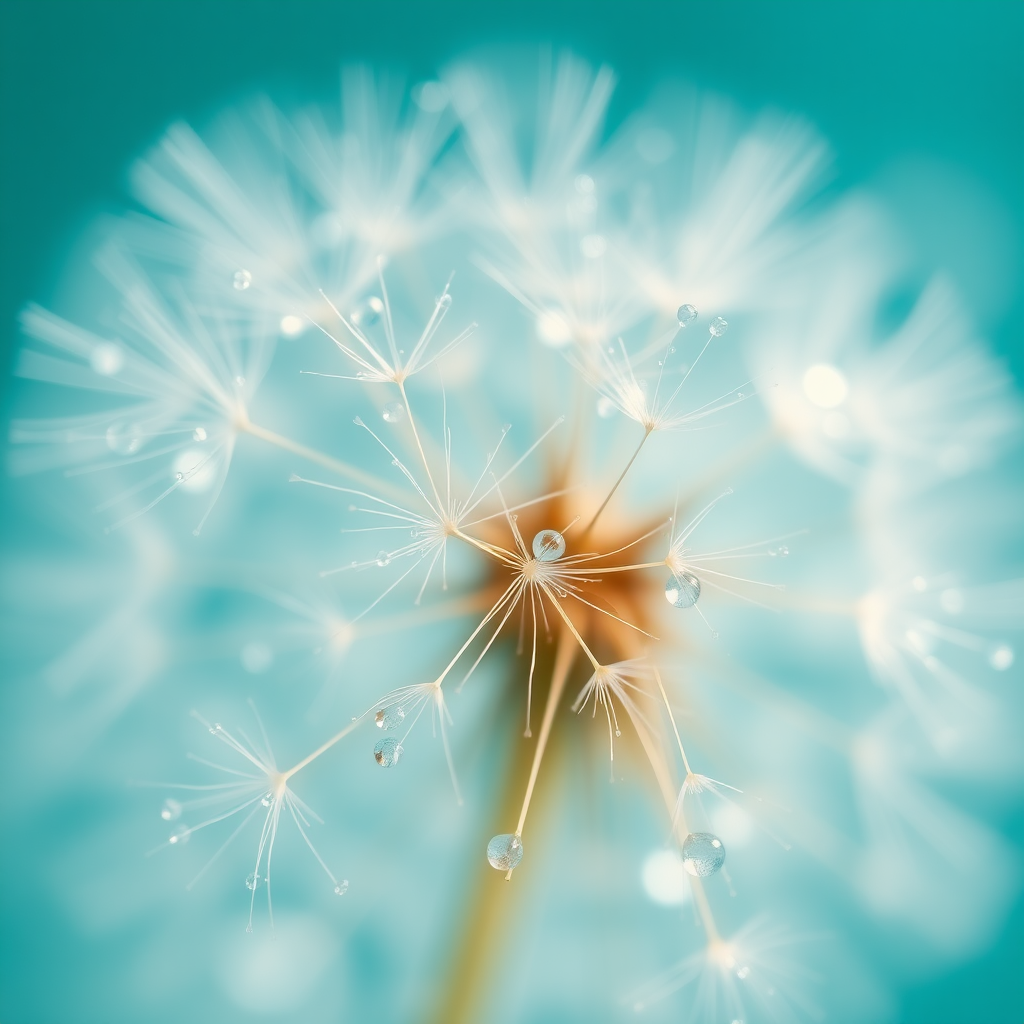 Close-up of delicate dandelion seeds adorned with sparkling water droplets, creating a dreamy atmosphere. The background features a soft gradient from teal to light turquoise, enhancing the ethereal quality. The seeds are translucent with fine, intricate details, while the water droplets capture and reflect light, adding depth and highlights. Soft bokeh effects blend harmoniously in the background, creating a serene, impressionistic aesthetic. Overall, the scene evokes a sense of tranquility and delicate beauty in nature.