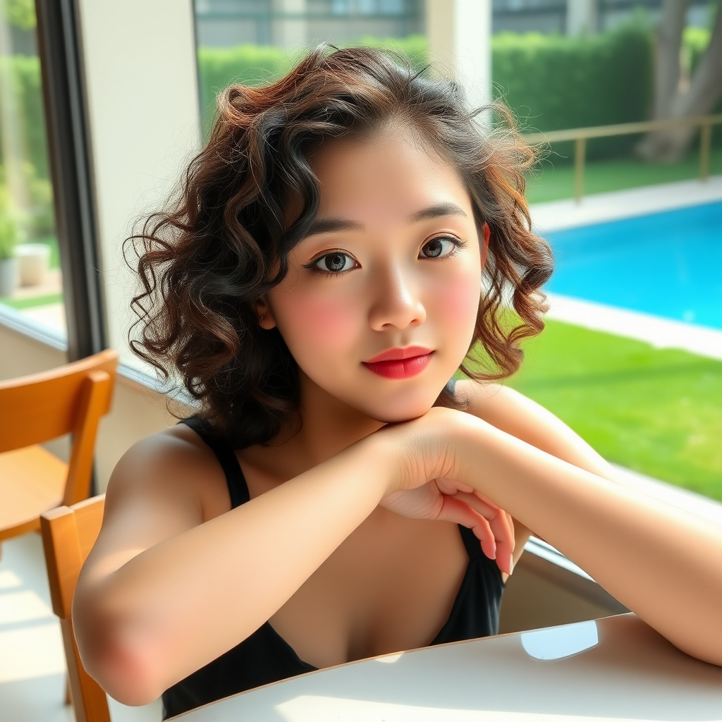 A young 18-year-old beautiful Xiaohongshu blogger, with fair skin, big eyes, curly hair, an oval face, and very slim, is sitting in a café, leaning on the table, with green grass and a swimming pool outside the window.