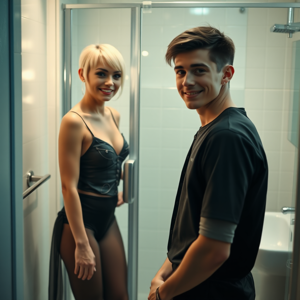 photorealistic, ultra high resolution, 16K, surreal fantasy, studio lighting, a 35 year old mother who is fully dressed for work is watching her pretty 14 year old goth son, slim male physique, short blonde hair, goth makeup, earrings, pantyhose, white ballet shoes, in the bathroom, excited smile, facing the camera.