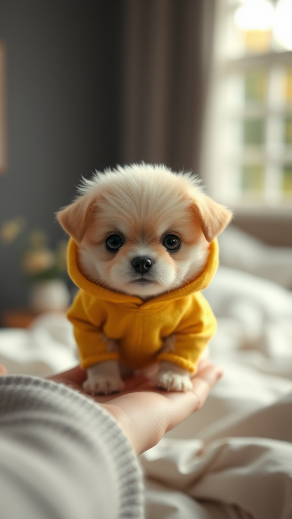 For creating a prompt to generate an image like the one you've uploaded, here's a detailed prompt for the tiny puppy:

Prompt for Art Generation: "Create an ultra-realistic, high-definition image of a miniature fluffy puppy. The puppy should be incredibly small, fitting perfectly in a person's fingertips. It should have soft, cream-colored fur with big, round, expressive black eyes. The puppy is wearing a yellow hoodie, giving it an extra cute and cozy look. The setting should be a soft, cozy bedroom with a neutral palette, blurred in the background to highlight the adorable tiny puppy. Ensure the image captures the puppy’s cuteness and the softness of the setting, with soft lighting coming through a large window in the background."