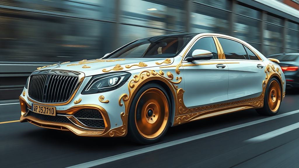 futuristic maybach sedan , A luxurious, white and gold-plated car adorned with intricate, ornate designs and carvings.  road motion blur