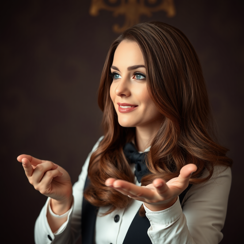 A surreal image of the beautiful very long haired Kate Middleton's disembodied head displayed to the camera by a male magician performing a magic trick.