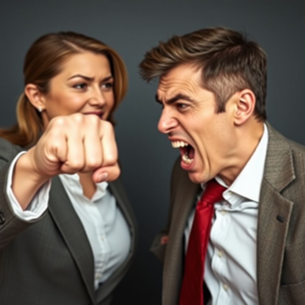 mature attractive business woman punching a man in the face, the fist is hitting his angry face and making strong impact, he looks visually disturbed, her fist is physically touching his face as she is knocking his teeth out