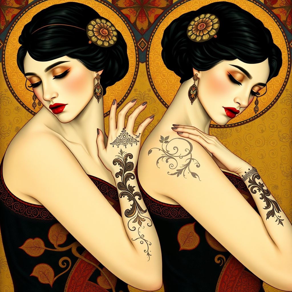 Create the following image Prompt: An image in the style of Max Klimt and Art Nouveau. Scene is two Women with very white skin and Oriental Henna Tattoos on their arms.