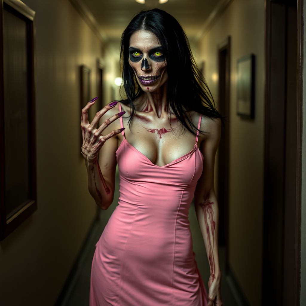 dawn of the dead, sexy skinny extremely horrific irish zombie woman, black raven hair, green glowing, perky boobs, purple nails, purple lips, skeletal face, all over her body rotten pale skin, wearing a pink dress standing in hallway, whole body shot