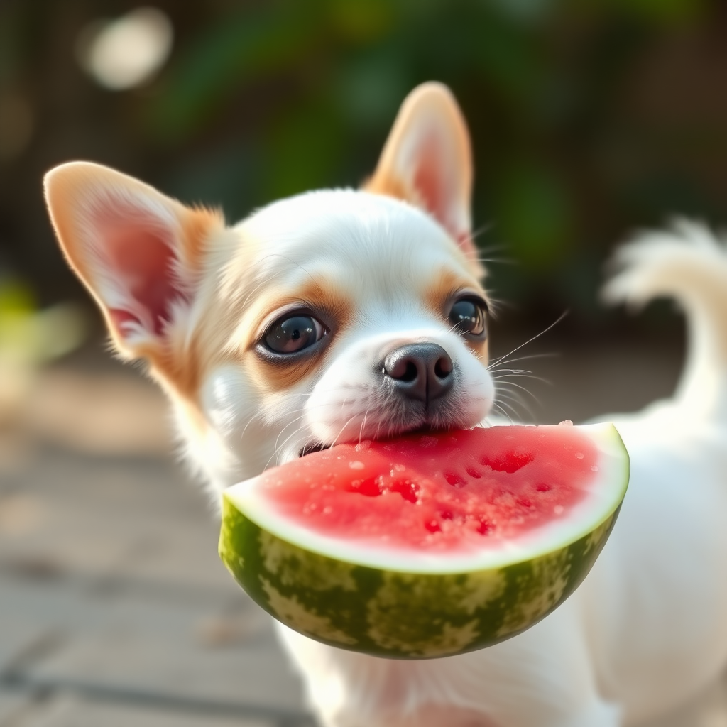 A little dog is eating watermelon, and it's a white little dog.