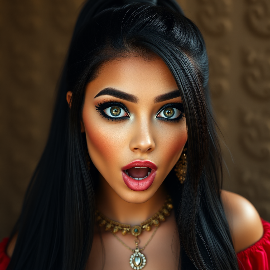 surprised Arabian girl with mouth open. She has very large eyes, black eyeshadow, black eyeliner, fake eyelashes, very tanned skin, very long hair. very high ponytail, red off shoulder shinny crop top. photo realistic, black hair.