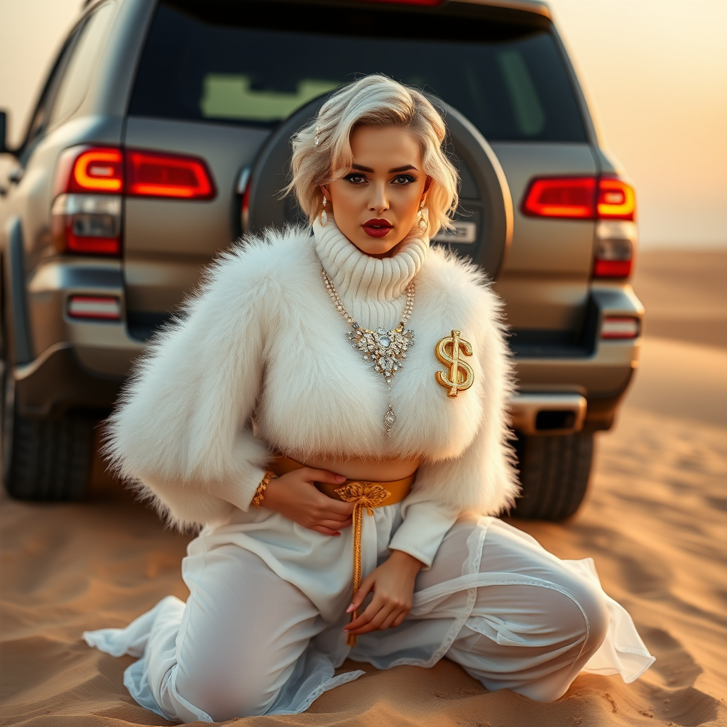 Kuwait desert dunes misty dawn, full size luxury SUV: Melissa, European 17 years old very convincing femboy “trophy-bimbo”, tamed servile docile, very beautiful feminine flawless face, rather short, by hormones very curvaceous womanly figured, platinum blond short tight curls, bold red lips, heavily made-up face, wearing Supertanya-style fluffy very fuzzy bright white angora turtleneck-poncho cropped ending under bust decorated with pearls and gemstones, striking oriental wide gold bridal protection belt, white fully transparent harem pants, full Oriental bridal jewelry including headpiece, nose-ring, coin anklets, striking diamond “$$$” letter brooch on left chest, pout frustrated, hands tied behind back, kneeling in sand in front of SUV, looking at camera. Focus on face and turtleneck-poncho.