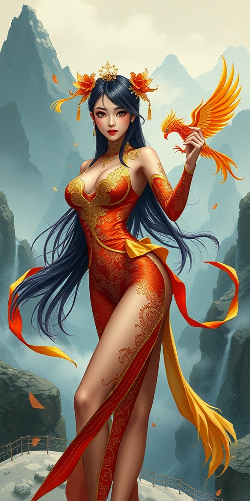 a semi anime chinese female, with gold Phoenix themed outfit, in sexy pose, hand pose, legs pose, in simi realism painting art style, Dynamic semi impasto painting background, background in mountain,