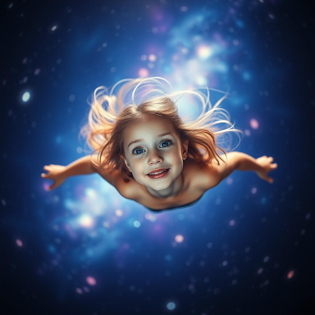 preteen girl floating in space, Low Key Lighting, dreamscape, nebula, Bokeh, abstract, brilliant colors, glittering, translucent, iridescent, natural skin, glowing, artistic photo, wide angle, cute, interesting, microscopy, airy, original, experimental, interdimensional