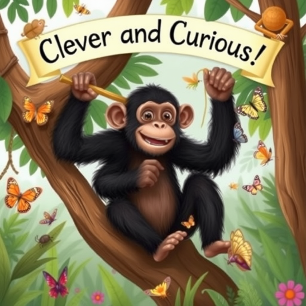 An imaginative scene of a playful chimpanzee sitting in a tree, using a stick to catch insects, surrounded by colorful butterflies and other jungle creatures, with a banner overhead reading, "Clever and Curious!"