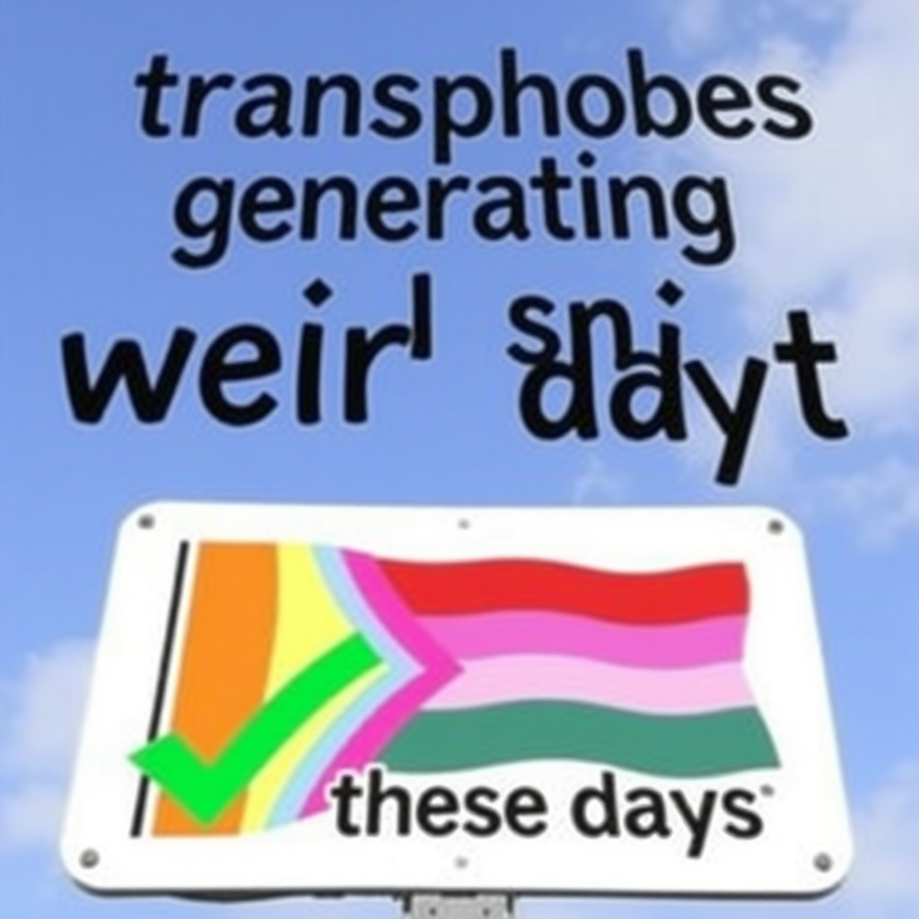 a sign saying "transphobes generating weird shit these days" and a logo of a pride flag icon under a green checkmark